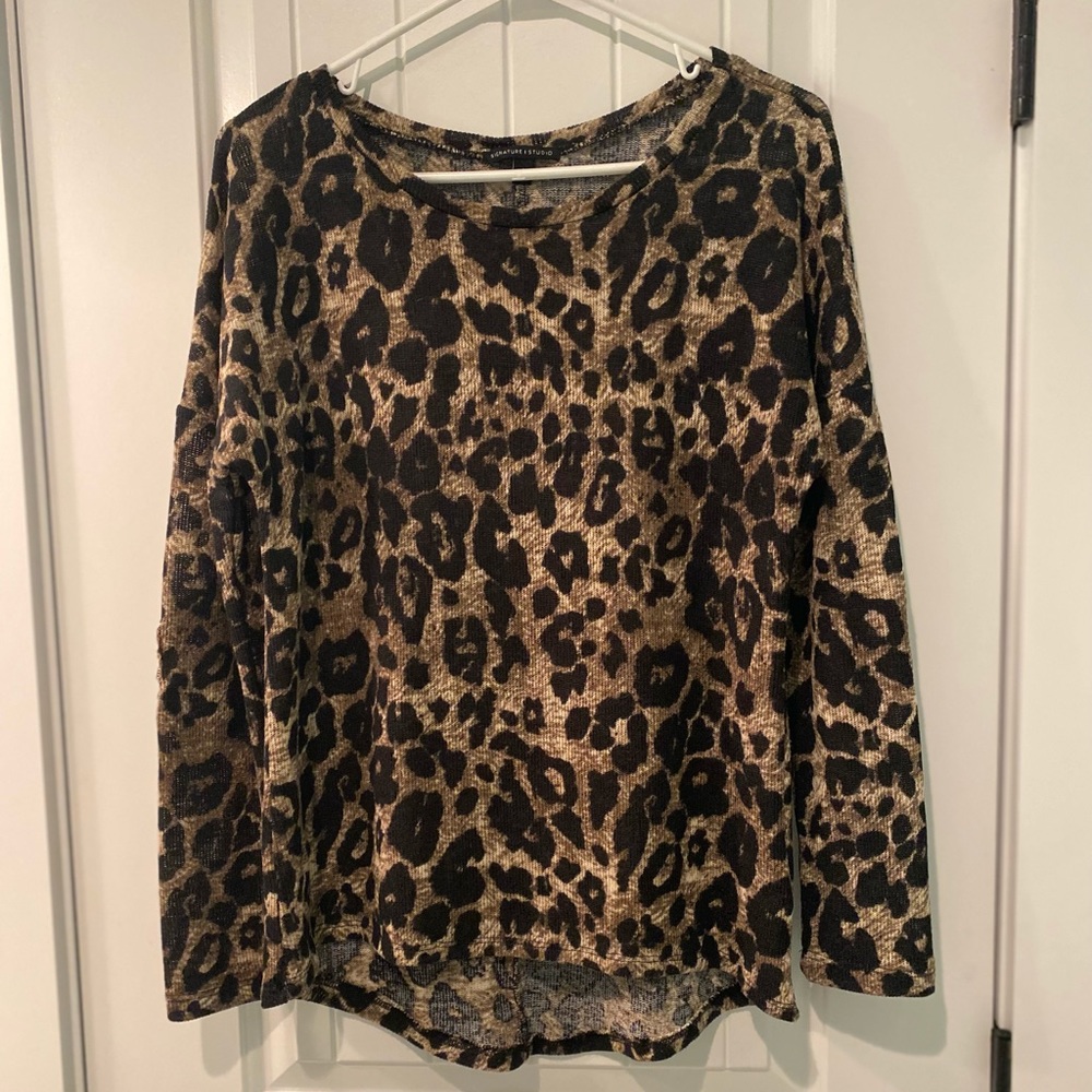 Leopard print long sleeve top with gold sequin elbow patches. Size small.